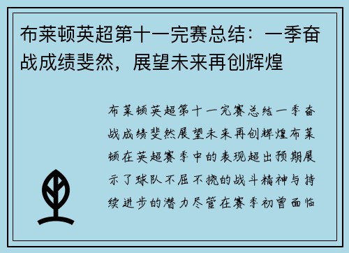 布莱顿英超第十一完赛总结:一季奋战成绩斐然,展望未来再创辉煌 布莱顿英超第十一完赛总结:一季奋战成绩斐然,展望未来再创辉煌