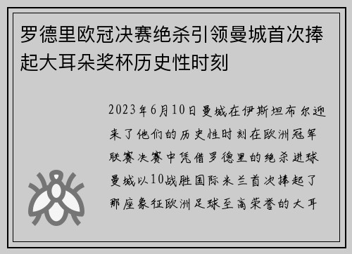 罗德里欧冠决赛绝杀引领曼城首次捧起大耳朵奖杯历史性时刻
